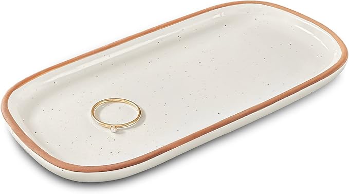 Mora Ceramic Decorative Tray - Rectangle 6.4in Dish for Jewelry, Perfume, Makeup, Accessories, Candle, in The Bathroom Vanity, Bedside, or Kitchen Counter. Cute Organizers - White