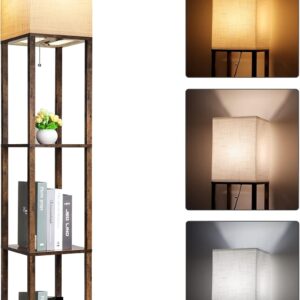 RUNTOP Floor Lamp with Shelves, Modern Shelf Lamp for Display Storage, 3 Color Temperature Wood Narrow Standing Corner Lamp with 8W Bulb for Living Room Decor