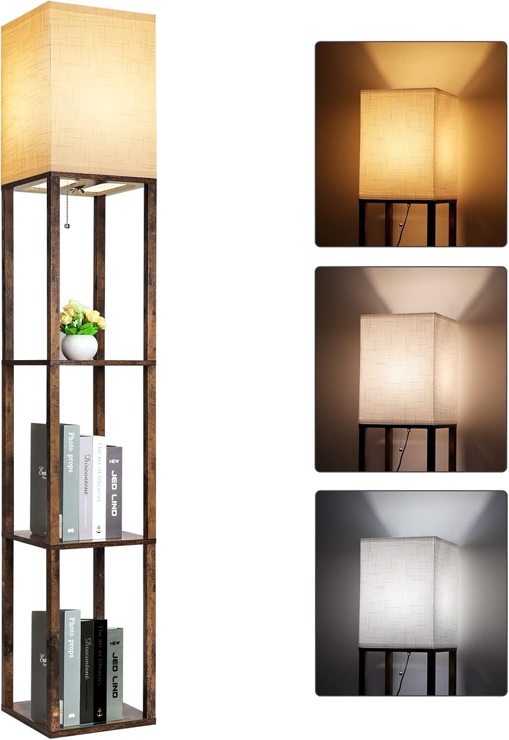 RUNTOP Floor Lamp with Shelves, Modern Shelf Lamp for Display Storage, 3 Color Temperature Wood Narrow Standing Corner Lamp with 8W Bulb for Living Room Decor