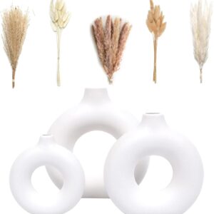 VELOVA Set of 3 White Ceramic Vase with 65 PCS Dried Pampas Grass Flowers Aesthetic Boho Modern Small Round Cute Vases for Decor