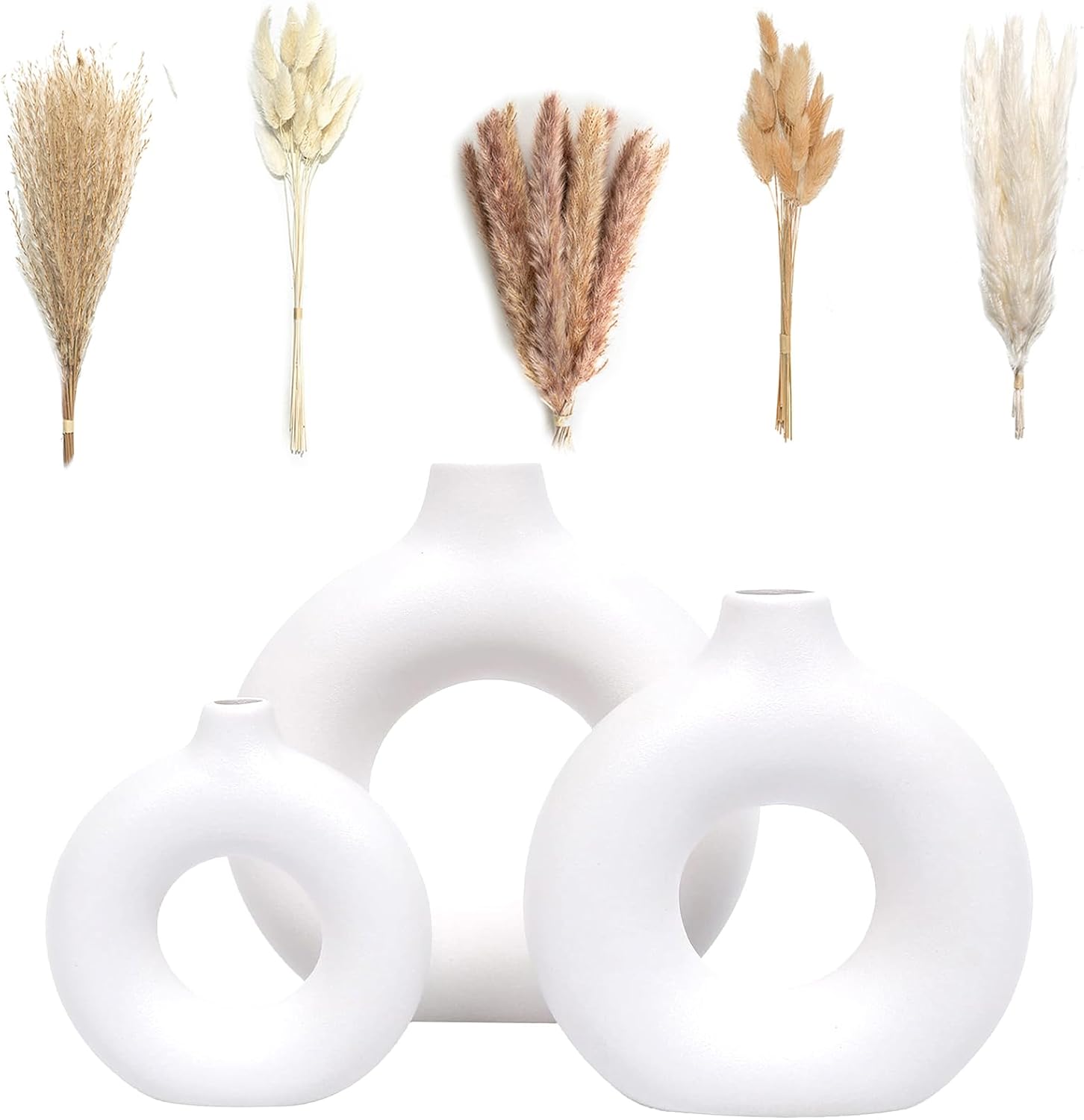 VELOVA Set of 3 White Ceramic Vase with 65 PCS Dried Pampas Grass Flowers Aesthetic Boho Modern Small Round Cute Vases for Decor