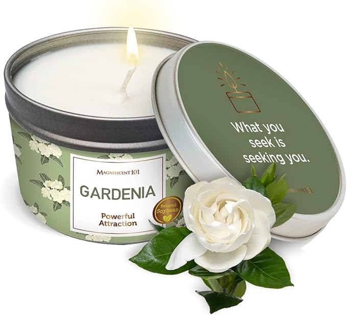 Magnificent 101 Long Lasting Flower Tin Candles with Gardenia Scented | 6 Oz - 35 Hour Burn | Made of Natural Soy Wax for Manifestation, Purification, Chakra Healing & House Energy Cleansing