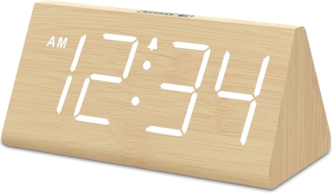 DreamSky Wooden Digital Alarm Clocks for Bedrooms - Electric Desk Clock with Large Numbers, USB Port, Loud Alarm for Heavy Sleepers, Adjustable Volume, Dimmer, Snooze, DST, Wood Décor, Adapter Powered