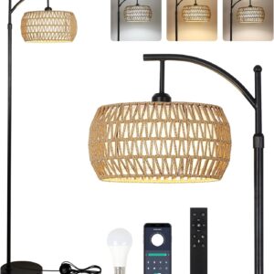 Arc Floor Lamp with Remote Control, Dimmable LED Floor Lamp with 3 Color Temperature, Black Standing Lamp with Rattan & Fabric Double Drum Shade
