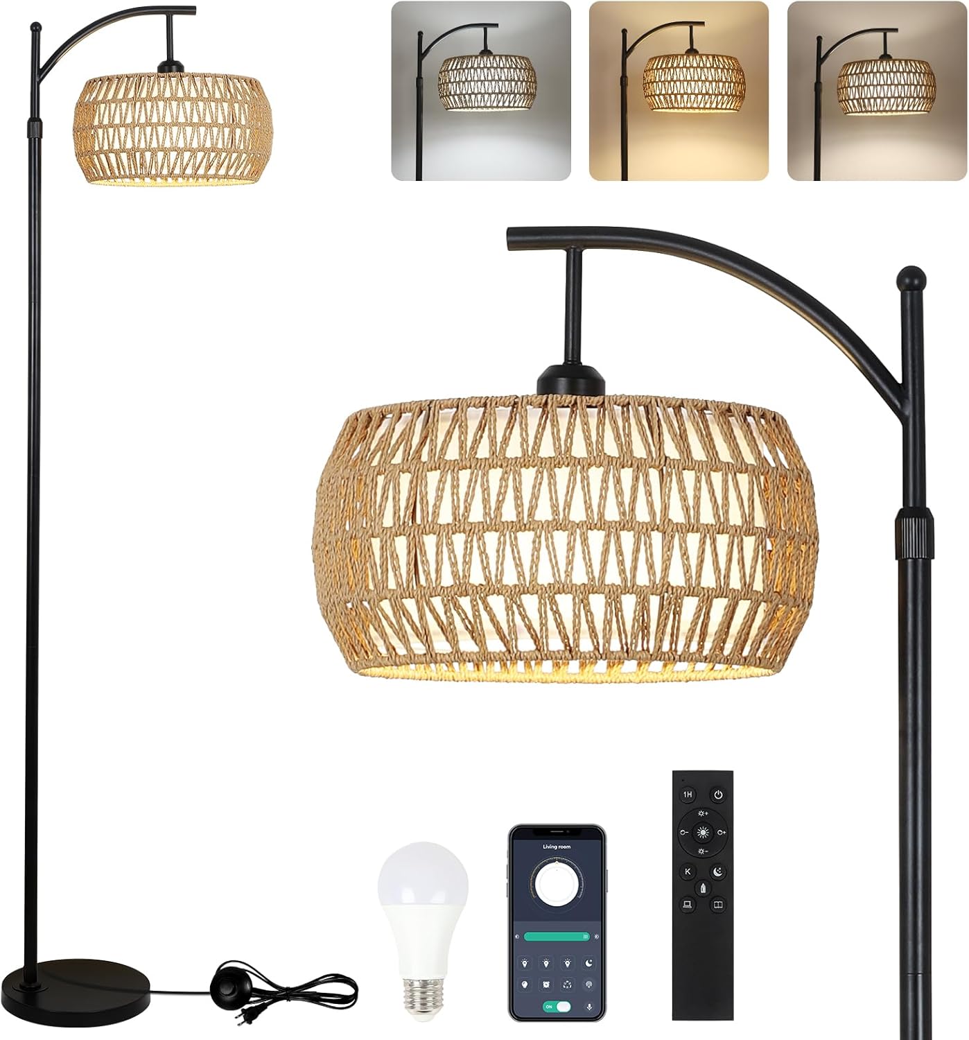 Arc Floor Lamp with Remote Control, Dimmable LED Floor Lamp with 3 Color Temperature, Black Standing Lamp with Rattan & Fabric Double Drum Shade