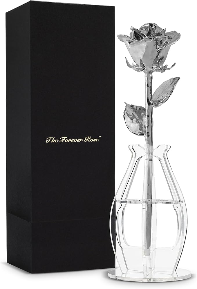 Forever Rose Real Rose Dipped in Platinum, Handcrafted Preserved Rose in Bloom Box and Phantom Vase, Romantic Gift for Her, Elegant Keepsake for Anniversary, Birthday, or Any Special Occasion