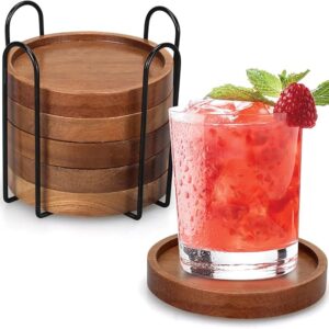 6 Pcs Best Wooden Coasters with Holder Coffee Table Decor Acacia Wood Coaster Set Modern Cup Coaster for Drink Home Dining Table Kitchen Accessories Cute Beer Bar Decorative Rustic Outdoor Coasters