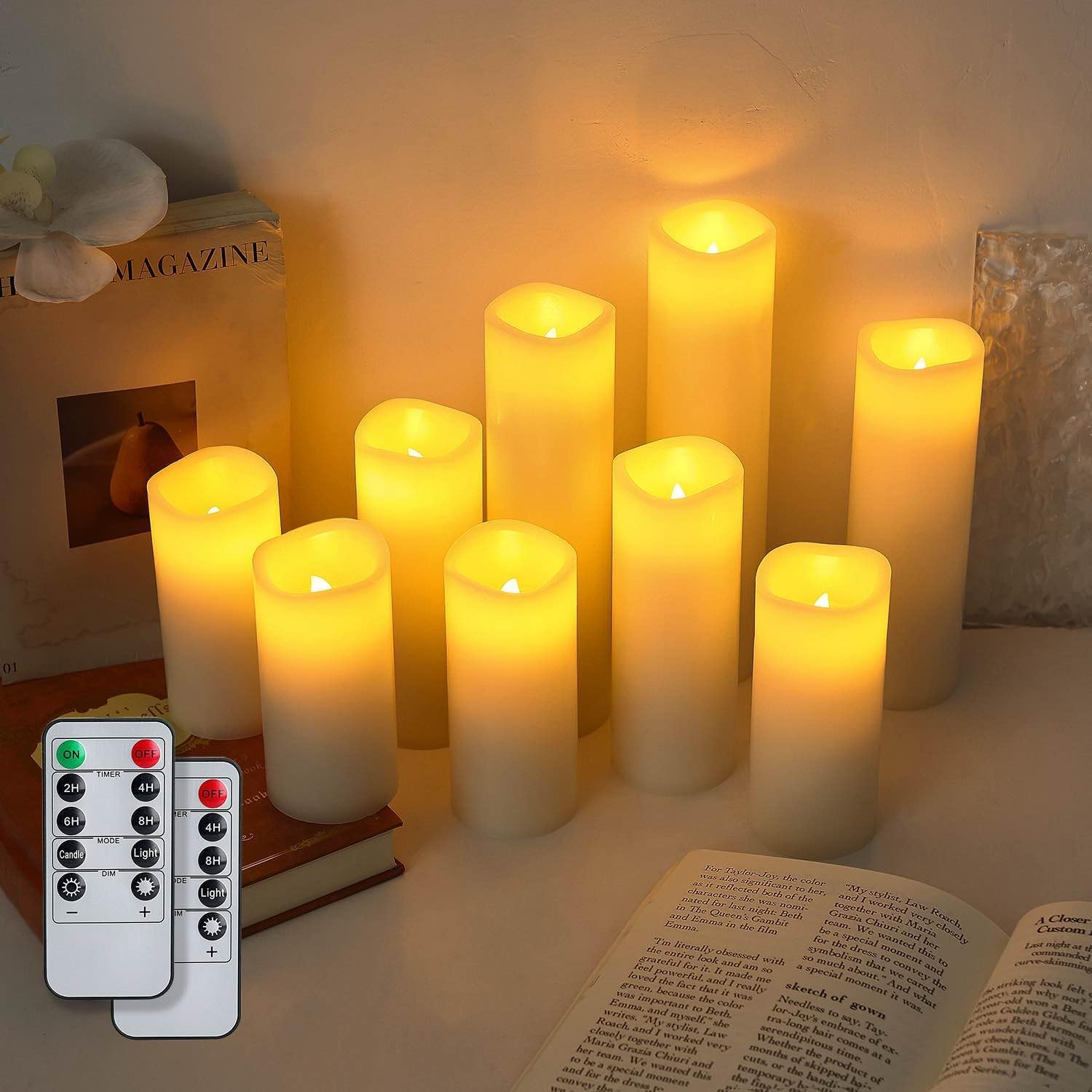 Flameless Candles Battery Operated LED Candles with Timer and Remote, Pack of 9 Real Wax Pillar Candles Flickering Candle for Home & Holiday Romantic Decor