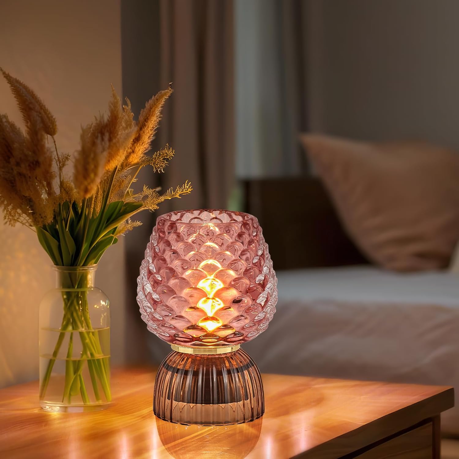 Battery Operated Lamp with Timer, Small Cordless Cute Glass Table Lamp for Home