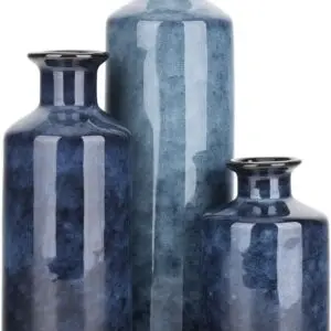 Blue Ceramic Vase Set - 3 Blue Small Vases, Farmhouse Country Flower Vase Home Decor