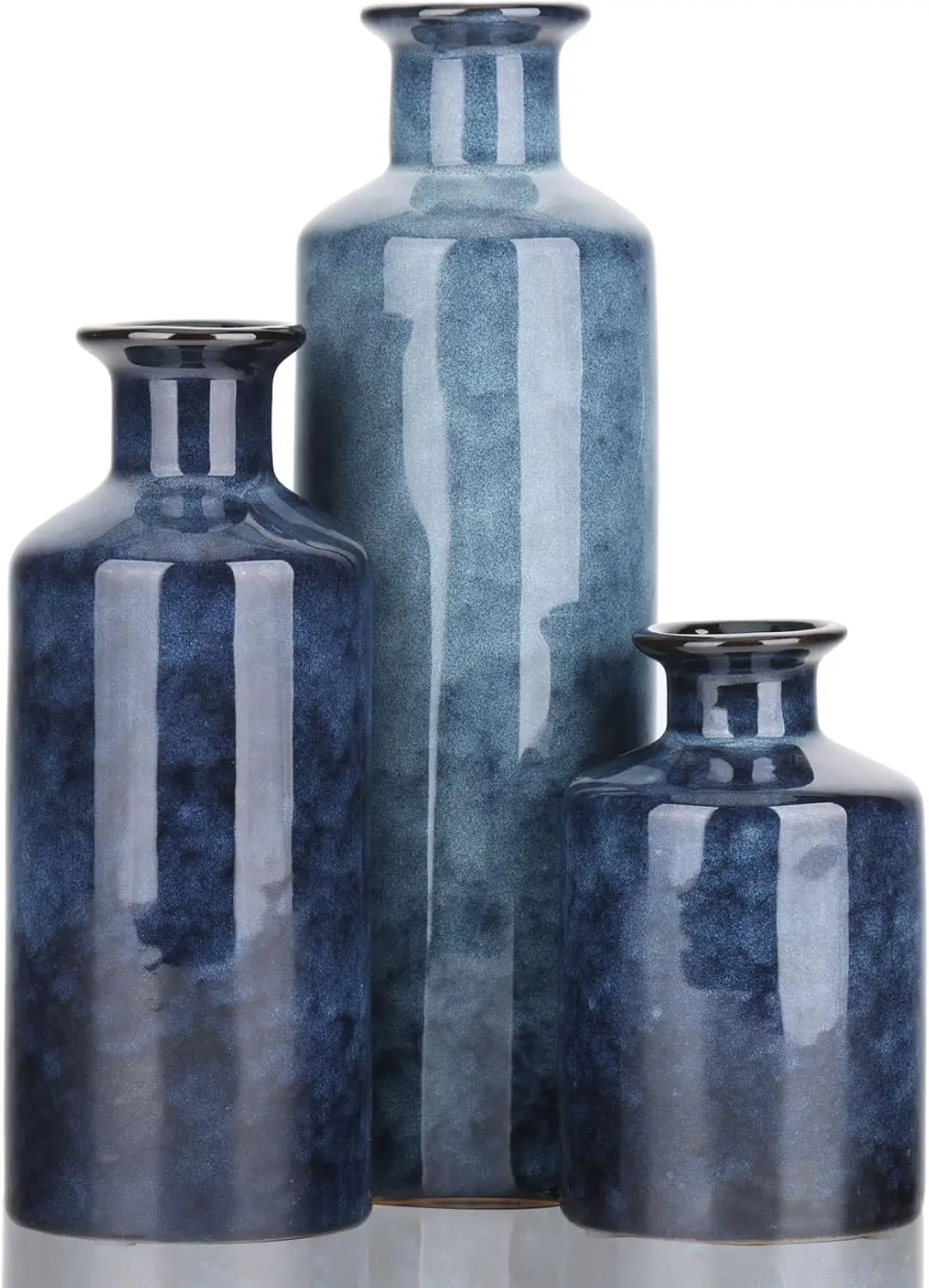 Blue Ceramic Vase Set - 3 Blue Small Vases, Farmhouse Country Flower Vase Home Decor