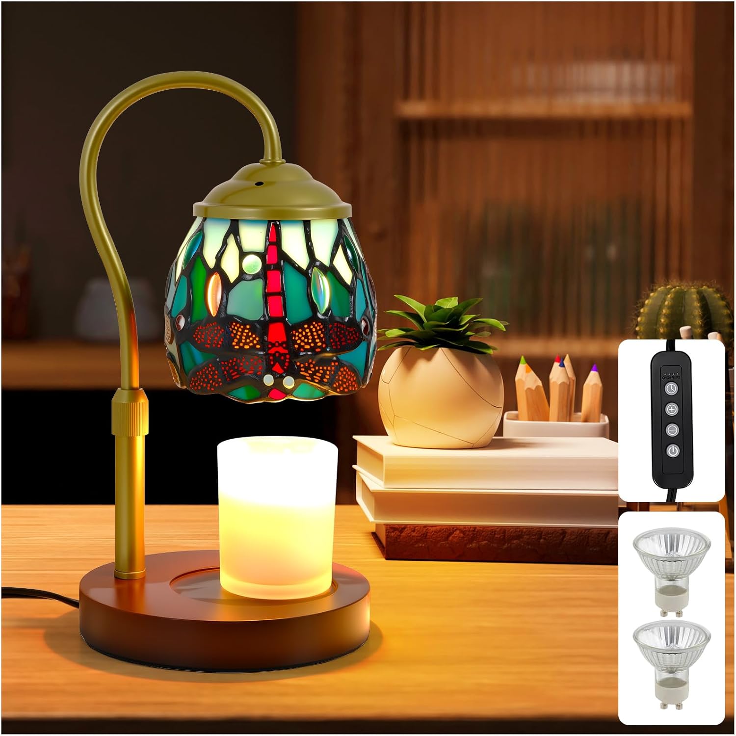 Candle Warmer Lamp with Timer Dimmer, Adjustable Height Tiffany Dragonfly Style Stained Glass Lamp Candle Warmer with 2 Bulbs