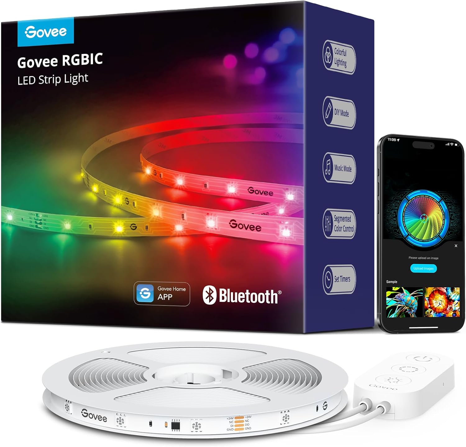 Govee RGBIC LED Strip Lights, 32.8ft Smart LED Lights for Bedroom, Bluetooth LED Lights APP Control, DIY Multiple Colors on One Line, Color Changing LED