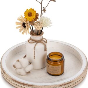 Hanobe Decorative Serving Tray Wood: White Washed Bead Round Tray Decor for Coffee Table Rustic Wooden Trays Farmhouse Centerpiece for Living Room Kitchen Counter