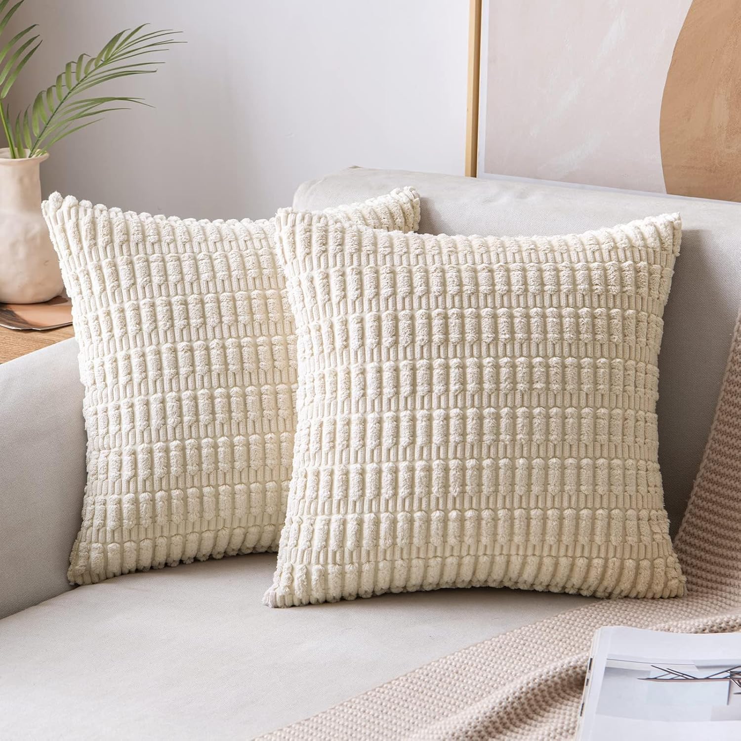 MIULEE Pack of 2 Corduroy Decorative Throw Pillow Covers 18x18 Inch Soft Boho Striped Pillow Covers Modern Farmhouse Home Decor for Sofa Living Room Couch