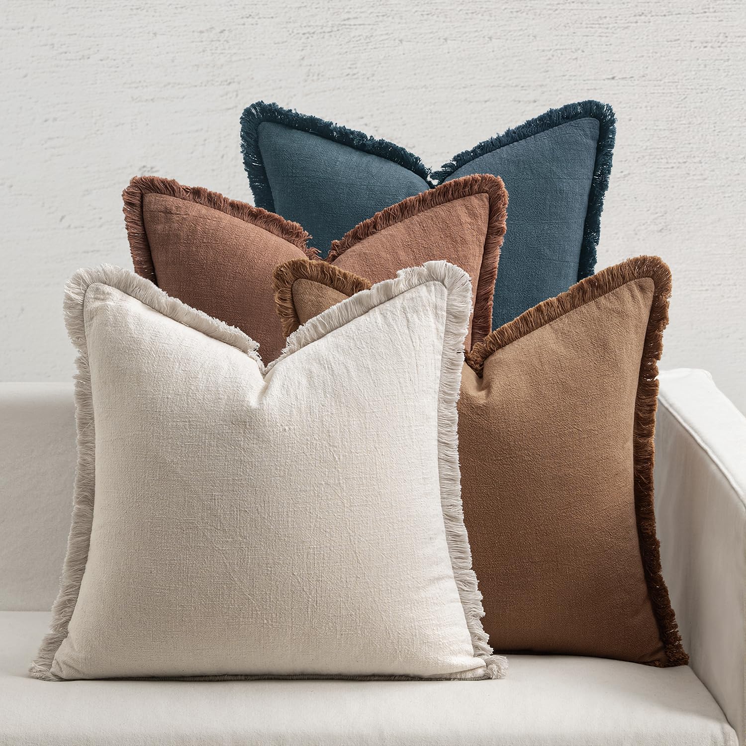 MIULEE Decorative Couch Pillow Covers Neutral Linen Fringe Throw Pillows Set of 4 Modern Rustic Cushions Boho