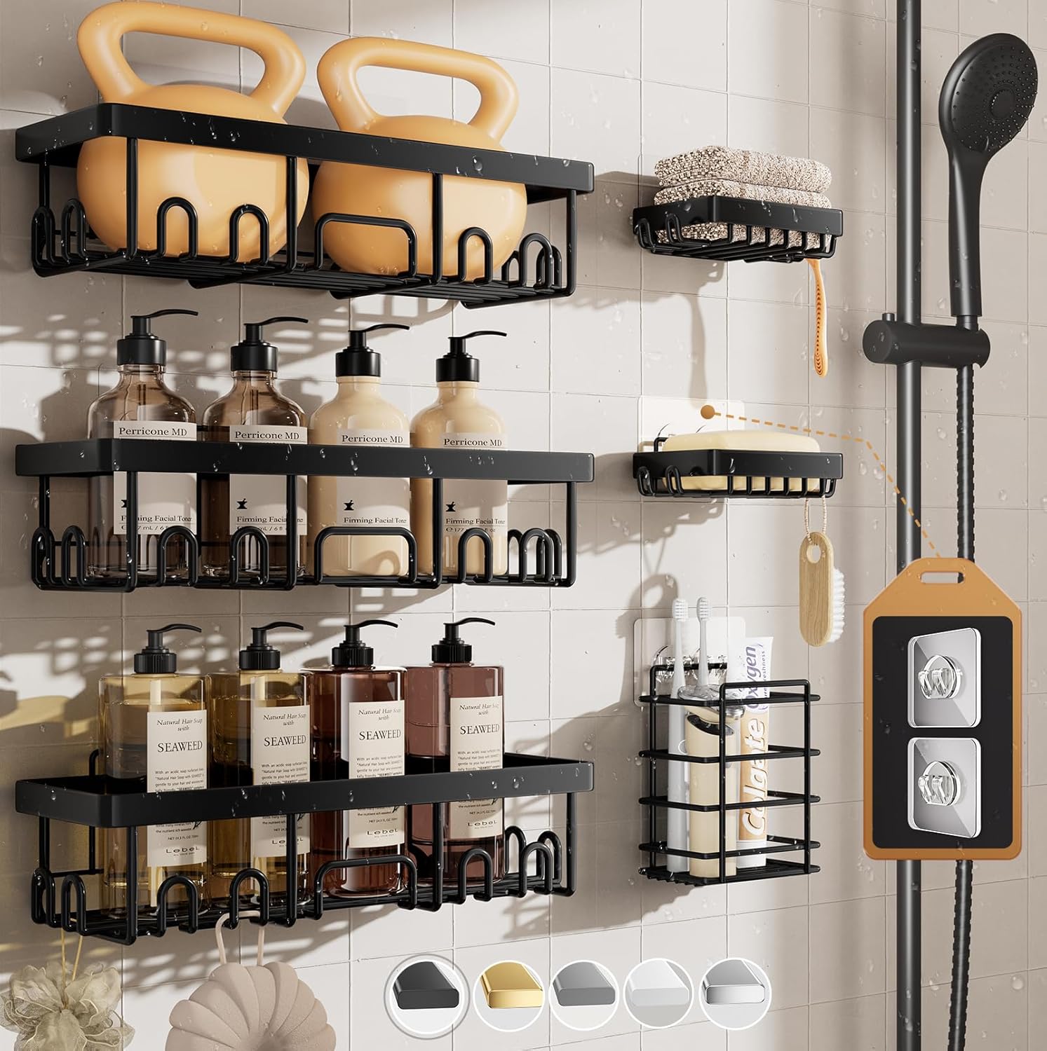 Veken Rustproof & Waterproof Shower Caddy 6-Pack, No Drilling Adhesive Shelves Rack with Soap Holder