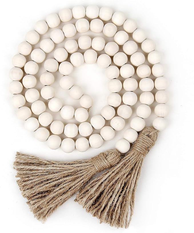 58in Wood Bead Garland with Tassels, Farmhouse Rustic Country Decor Prayer Boho Wall Hanging Decoration (Nature)