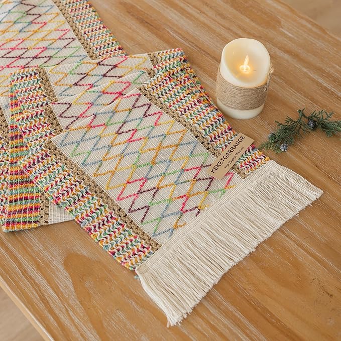 Keketo Boho Table Runner Colorful for Home Decor 12x72 Inches Farmhouse Macrame Burlap Jute Rustic Dining Kitchen